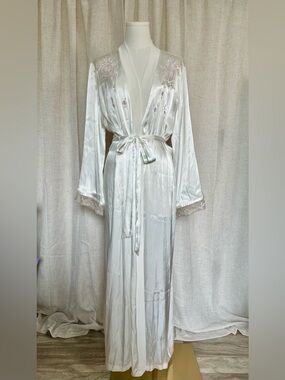 Vintage 90s Linea Donatella White Satin Long Lace-Trim Robe